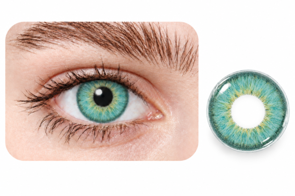 A close-up of a blue-green eye beside an EYECON Aqua II contact lens, perfectly matching the eye color and highlighting the lens’s natural effect.