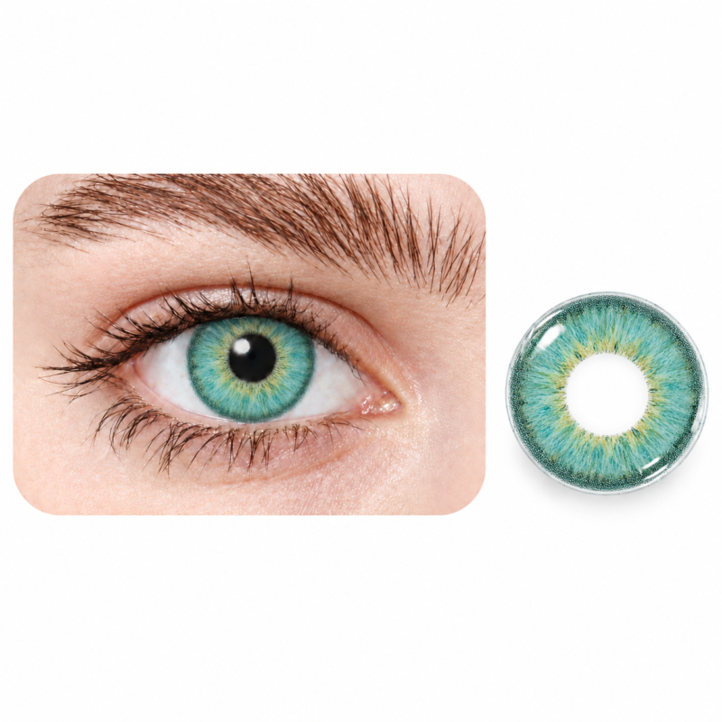 A close-up of a blue-green eye beside an EYECON Aqua II contact lens, perfectly matching the eye color and highlighting the lens’s natural effect.