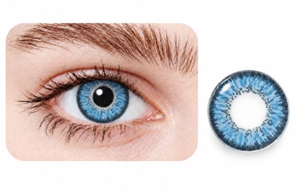 A close-up of a blue eye wearing EYECON Aqua II, with the patterned blue contact lens displayed beside it on a white background.