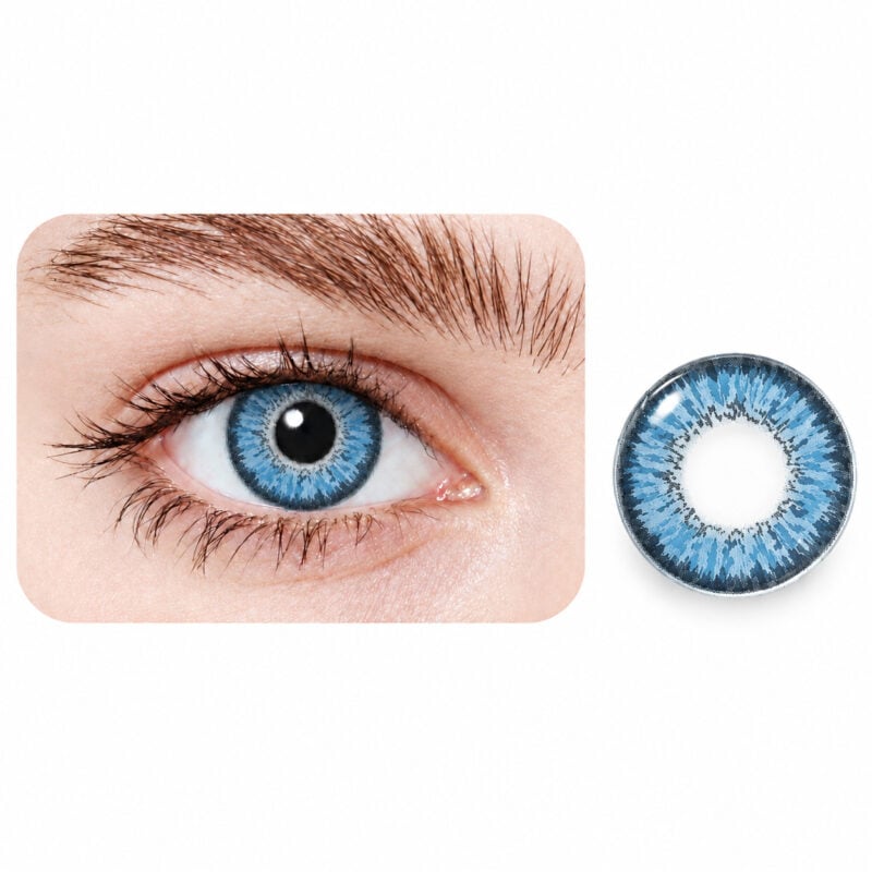 A close-up of a blue eye wearing EYECON Aqua II, with the patterned blue contact lens displayed beside it on a white background.