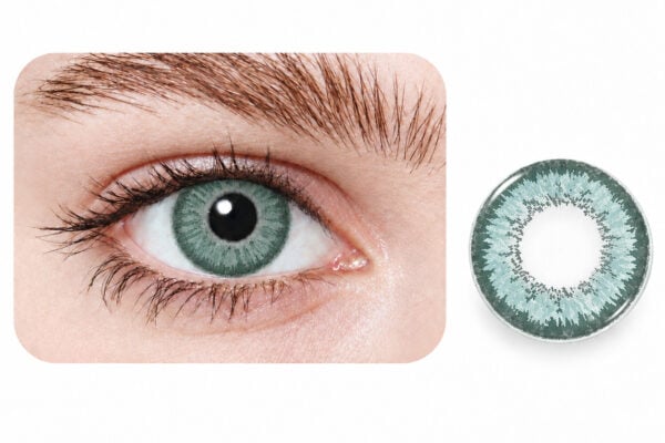 Close-up of a green eye wearing the EYECON Aqua II, with another EYECON Aqua II lens displayed separately on a white background.