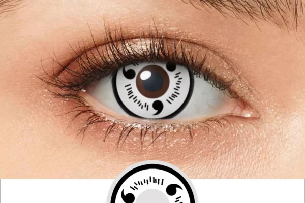 A close-up of a human eye wearing the EYECON White Itachi contact lens, which features three black semicolons and black dash markings circling the iris.