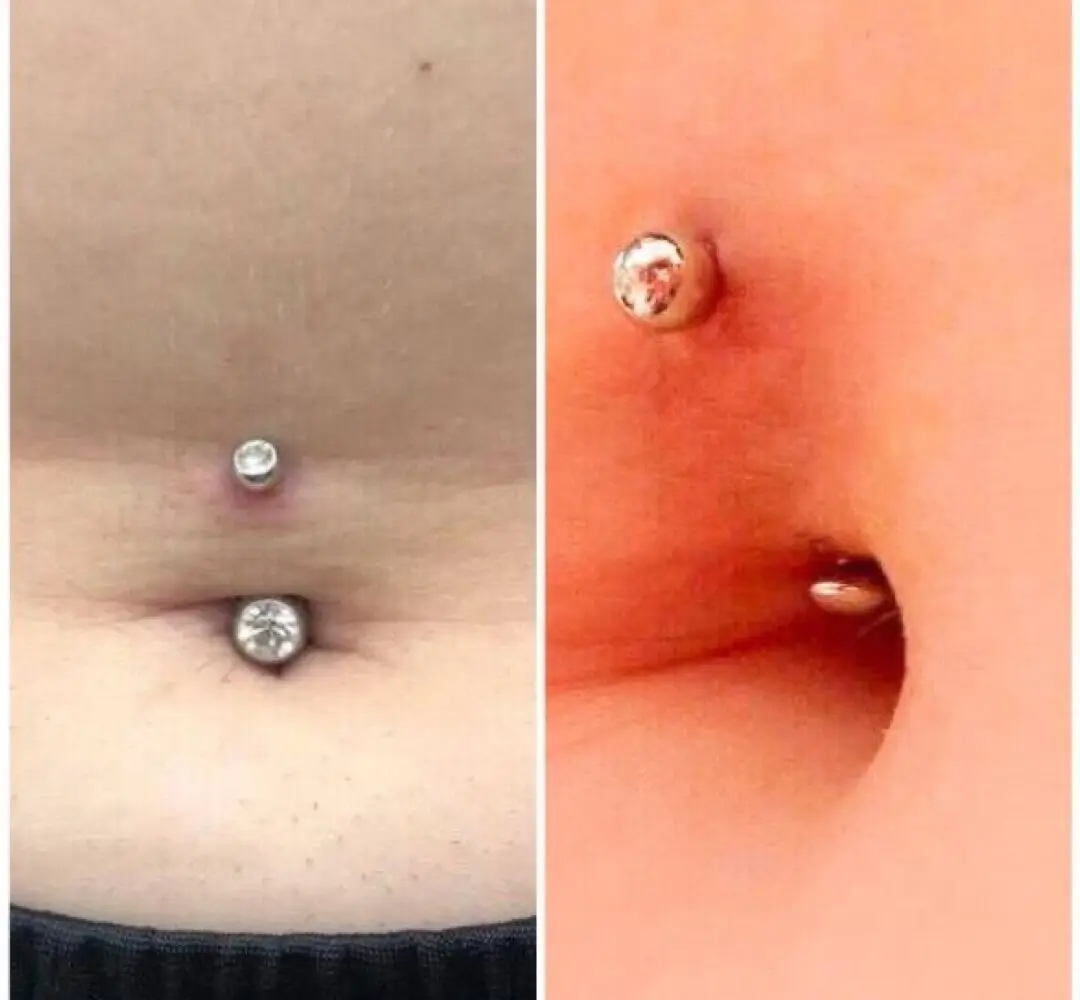 Floating navel piercing curve jewelry on a belly button — anatomy safe design