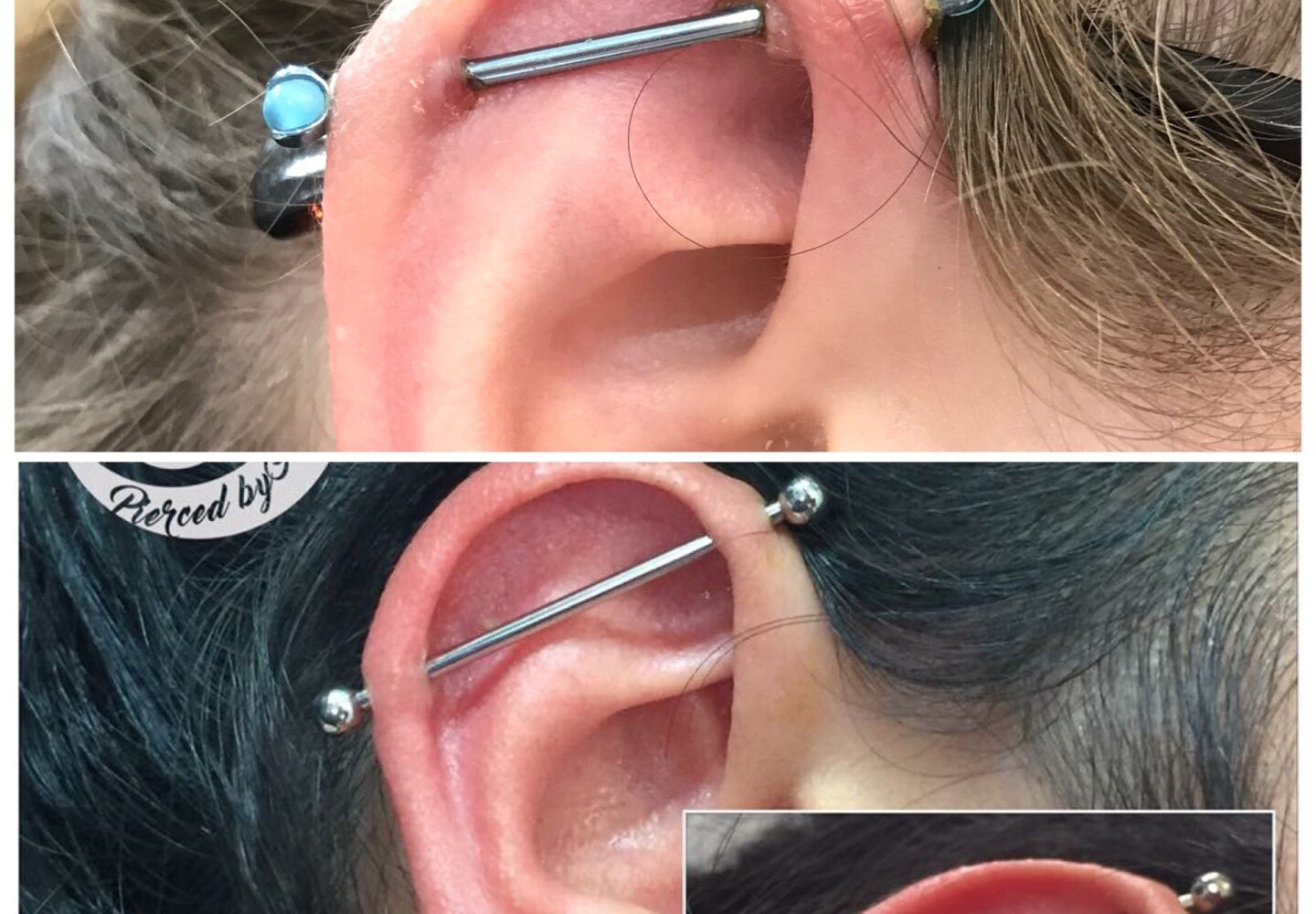 Industrial barbell ear cartilage piercing showing straight bar across helix and forward helix