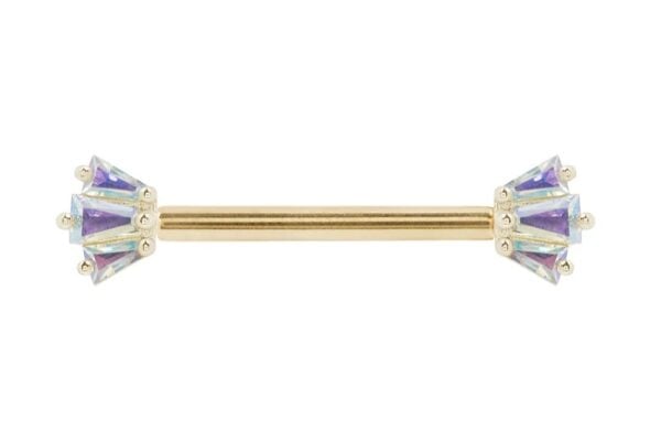 The 14K Gemma Trios - Mercury Mist - Forward Facing is a gold barbell piercing with iridescent, crown-like crystal clusters on both ends in a fan-shaped design.