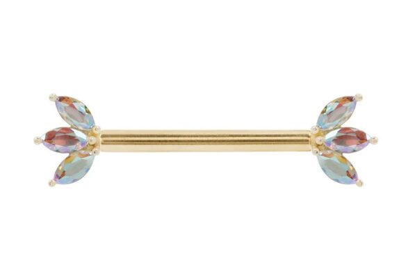The 14K Moet - Mercury Mist - Forward Facing barbell features iridescent marquise gemstones in delicate clusters of three on each end, evoking the appearance of wings or leaves.