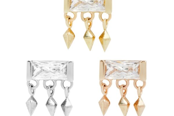 Three 14K Aspen rectangular gemstone charms with three pointed dangles each, shown in gold, silver, and rose gold finishes, are displayed against a white background.