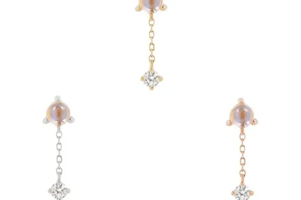 The 14K Bianca Dangle features three delicate drop earrings with a round pearl top, thin chain, and diamond-shaped gem. Available in silver, gold, and luxe 14K Gold Bianca End tones on a white background.