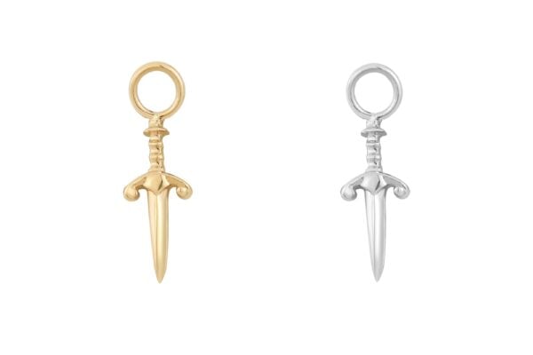 A 14K Blade Charm and a silver dagger-shaped charm, both with loops for attaching to jewelry, are displayed on a plain white background.
