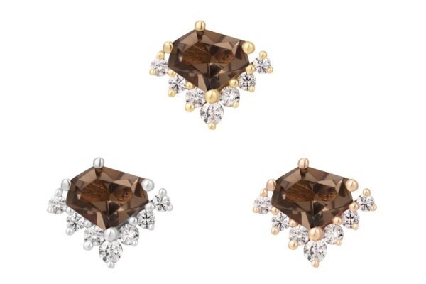 Three square-cut brown gemstones in prong-set 14K Bones + Honey settings—gold, rose gold, and silver—with clusters of small clear stones on one side, displayed on a white background.