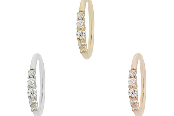 Three 14K Brigitte - Seam Ring hoop earrings, each adorned with five small diamonds, are displayed in silver, gold, and rose gold tones against a white background.