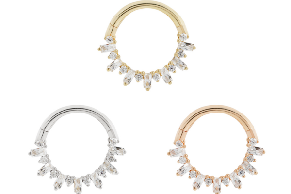 The 14K Unforgettable - Clicker features three circular hoop earrings in gold, silver, and rose gold, each with a row of clear marquise-cut gems along the bottom half, displayed on a white background.