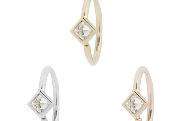 The Mae - CZ - Seam Ring is shown in silver, gold, and rose gold, each with a diamond-shaped setting and clear gemstone, displayed on a white background.