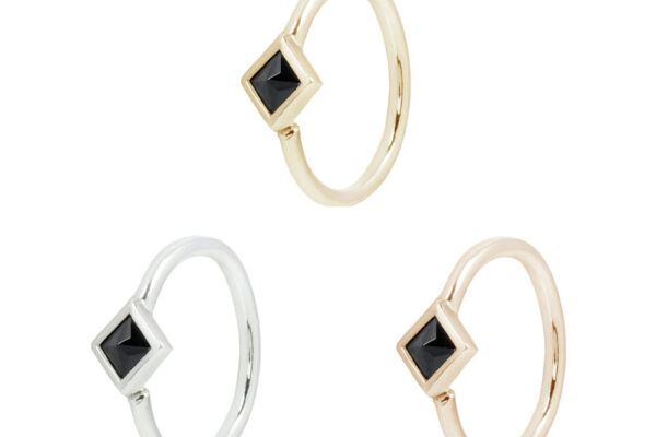 Three Mae - Black Spinel - Seam Rings with square black stones are shown in silver, yellow gold, and rose gold, each featuring the same minimalist geometric design.