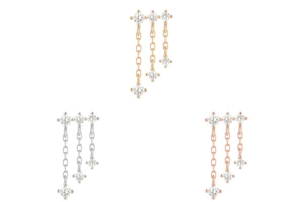 Three pairs of chain drop earrings with star-shaped studs, shown in silver, gold, and 14K Cascade - CZ finishes. Each pair features two dangling chains ending with small star accents, displayed on a white background.
