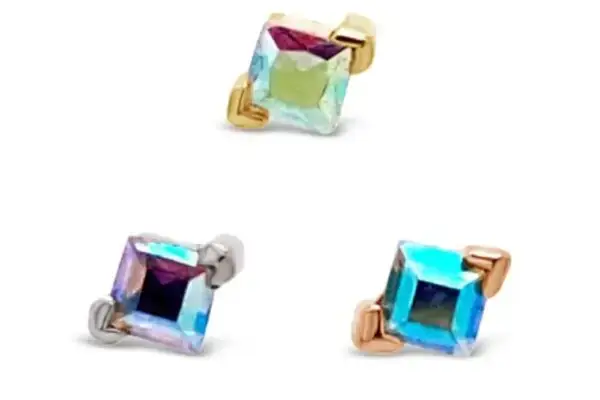 Three square-cut Mercury Mist Topaz studs in 14K gold, silver, and rose gold prongs showcase the 14K Celestial - Mercury Mist Topaz style against a white background.