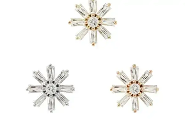 Three 14K Deliah Baguette Flower earrings, with a starburst design and round center gem, include two silver-toned and one gold-toned piece, all shown on a plain white background.