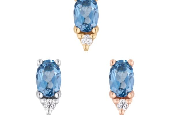 Three oval London Blue Topaz and CZ earrings, set in 14K Desden white, yellow, or rose gold prongs, are displayed in a triangular formation on a white background.