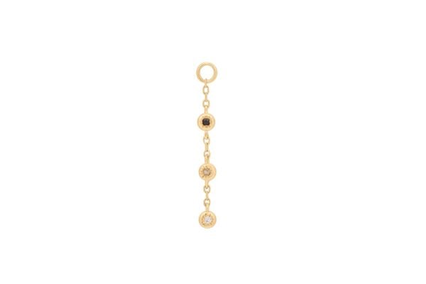 The Dig It - Smoky Quartz - Charm is a delicate gold earring with a small hoop and three linked round charms featuring multicolored stones, hanging vertically against a white background.