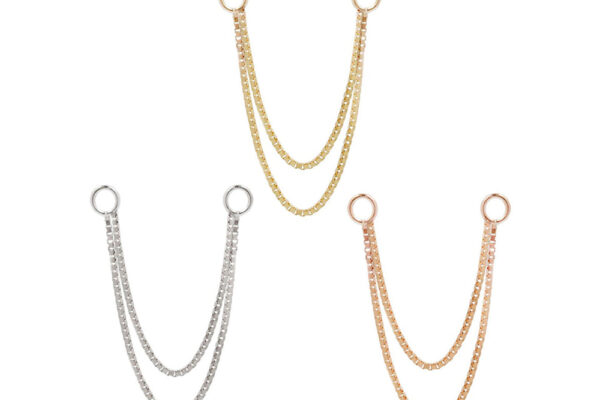The 14K Double Box Chain connectors, shown in silver, gold, and rose gold, feature two rings joined by dual parallel chains, beautifully showcased against a white background.