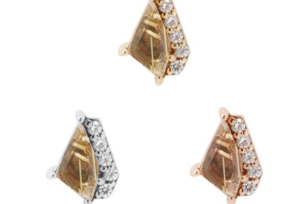 Three 14K Elevate stud earrings with rutilated quartz and CZ: two in 14K gold settings and one in a silver setting, each with geometric designs and clear accent stones, displayed on a white background.