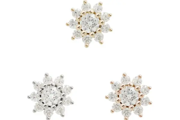 Three pairs of 14K Eloise - Cz flower stud earrings, each sparkling with clear gemstones in yellow, white, or rose gold finishes, are arranged on a white background.