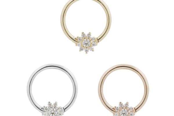 The Eloise - CZ - Seam Ring features three circular rings with star-shaped diamond clusters in gold, silver, and rose gold finishes, displayed against a white background.