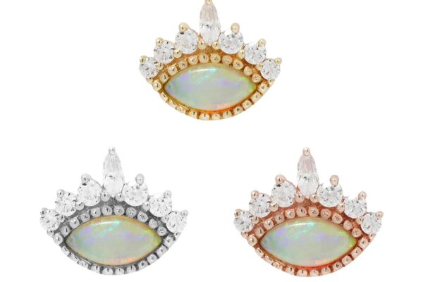 Three 14K Enchant Opal End earrings, each eye-shaped with a halo of clear gemstones, are shown in gold, silver, and rose gold tones against a white background.