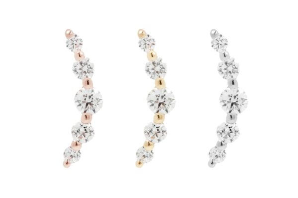 Three curved 14K Eternal - CZ earrings, each with five round clear stones in a row: left in rose gold, middle in yellow gold, and right with a white gold or silver finish.