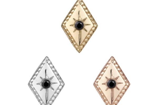 The 14K Etoile - Black Diamond earrings feature a diamond-shaped design in gold, silver, and rose gold, each centered with a starburst black diamond and finished with an elegant textured border.