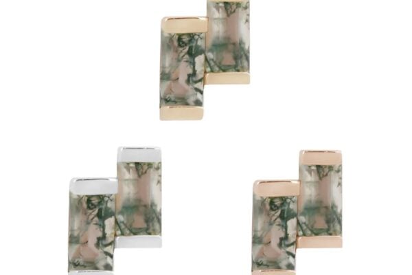 Three pairs of 14K Fervor - Moss Agate rectangular earrings with marbled green and beige centers in gold, rose gold, and silver frames are displayed on a plain white background.