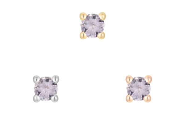 Three round, light purple 14K Tanzanite Prong gemstone stud earrings are shown on a white background, each set in a different metal: yellow gold (top), white gold or silver (bottom left), and rose gold (bottom right).