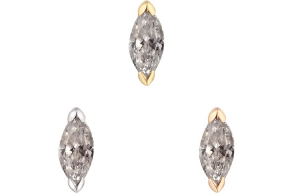 Three 14K Zuri - Grey Diamonds, each marquise-cut and prong-set in white, yellow, or rose gold, are elegantly displayed on a white background.