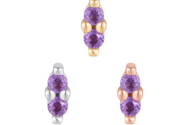 Three decorative 14K Mishka 2 - Amethyst jewelry pieces each feature two vertically stacked round amethysts, set in gold, silver, and rose gold, with metal accents on each side.