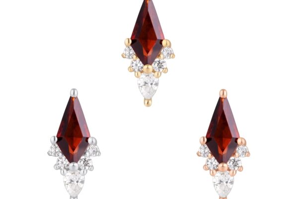 Three geometric earrings each showcase a red 14K Afterglow Garnet in a triangle above a clear teardrop gem, with small round accents. Two have rose gold settings, one has silver—all displayed on a white background.
