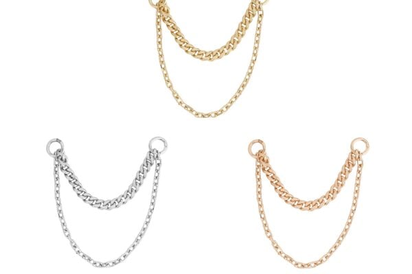 Three 14k Diamond Cut + Side - Chain connectors are displayed in gold, silver, and rose gold, each featuring double layers—a larger and a smaller chain—linked by round rings at both ends.