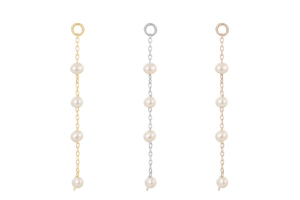 The 14K 4 Bead Pearl Charm earrings feature three styles—gold, silver, and rose gold chains—each adorned with four evenly spaced white pearls for an elegant and versatile look.