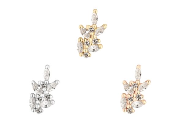 Three small pendant charms in silver, gold, and rose gold tones each feature clusters of sparkling stones that capture the elegant design of the 14K Wildflower, displayed on a white background.