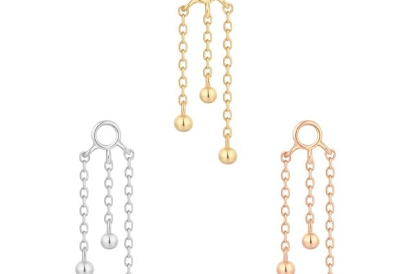 Three metal jewelry charms—silver, gold, and rose gold—each with a circular loop and two chain ends, including the 14K Dancing Queen - Charm, are displayed on a white background.
