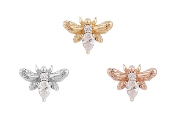 Three 14K Bee Chic - CZ stud earrings, shaped like bees in gold, silver, and rose gold tones with sparkling CZ accents on the wings and body, displayed on a white background.