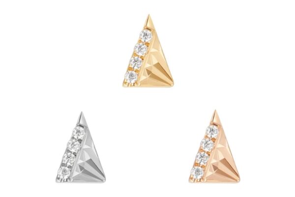 The 14K Highlight stud earrings come in gold, rose gold, and silver, each with a row of sparkling diamonds along one edge. Faceted metal and the signature 14K Highlight finish add extra shine for a standout look.