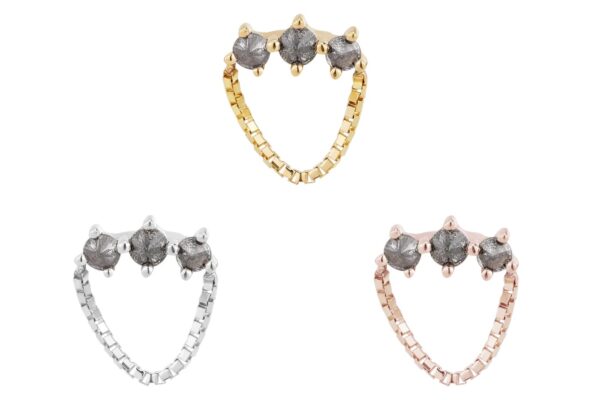 Three 14K HALSTON - Reverse Set septum rings with chain accents and three gray stones, shown in silver, gold, and rose gold finishes on a white background.