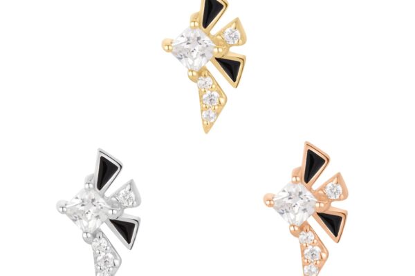 The 14K Powerhouse set includes three geometric stud earrings in gold, silver, and rose gold tones, each with a central clear gem and black-and-white accents for a chic, modern look.