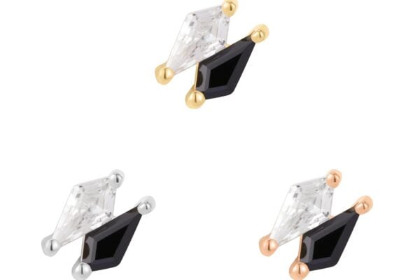The 14K Align set features three pairs of geometric stud earrings—each with a clear diamond-shaped stone and a black angular stone—in gold, silver, and rose gold finishes, all highlighted by a signature 14K Gold Align End.