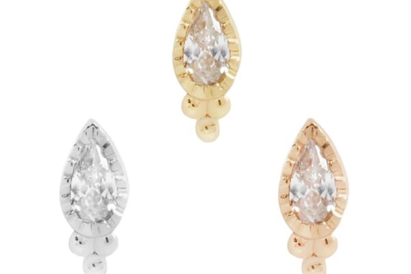 Three teardrop-shaped stud earrings from the 14K Gala collection in silver, gold, and rose gold, each featuring a clear central gemstone with two small round accents at the base.