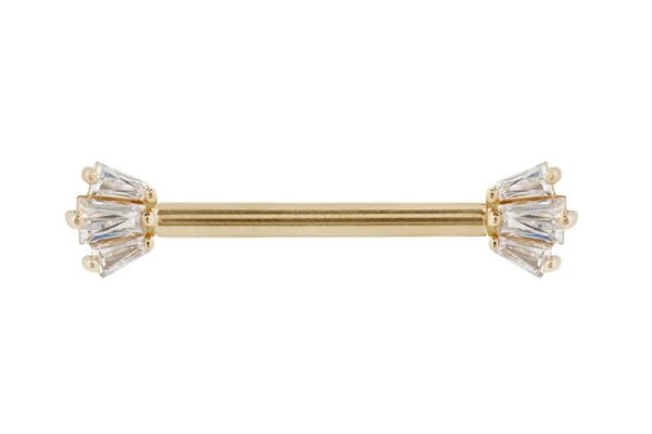 The 14K Gemma Trios - Forward Facing barbell features clusters of clear, tapered gemstones on both sides in a symmetrical fan shape, set on a polished gold bar for an elegant and minimalist look.