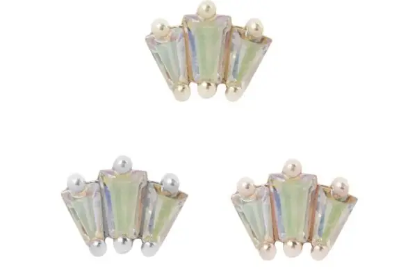 Three pairs of 14K Gemma Trios - Mercury Mist Topaz fan-shaped earrings with iridescent trapezoid stones and bead accents in gold, silver, or rose gold finishes, arranged on a white background for an elegant look.
