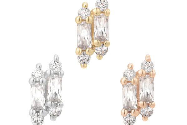 Three pairs of 14K Gimme More stud earrings—each with two rectangular clear stones and three round stones—are arranged on a white background in gold, silver, and rose gold settings.