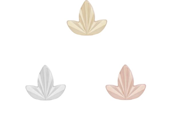 Three 14K Goldleaf ends, displayed in gold, silver, and rose gold on a white background, form a triangle. Each leaf end has a symmetrical, ridged design.