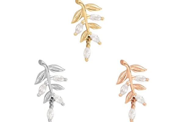 The 14K Growth set features three leaf-shaped earrings in gold, silver, and rose gold tones with sparkling clear gemstones on each leaf, beautifully crafted and displayed on a white background.